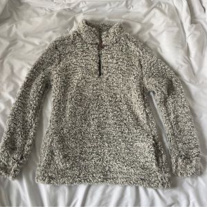 Faux Fur Sherpa Quarter Zip Jersey Lined Sweater, M, Light Grey